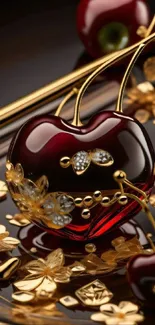 Luxurious cherry with gold accents and floral designs wallpaper.