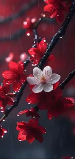 Cherry blossom wallpaper: crimson flowers with raindrops.