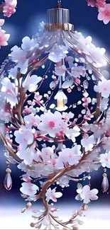 Elegant cherry blossom lantern on dark background.