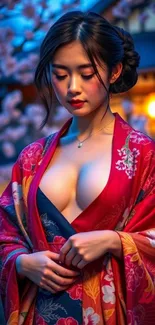 Woman in colorful kimono among cherry blossoms at night.