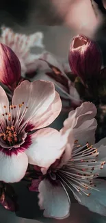 Elegant cherry blossom wallpaper with pink floral design.