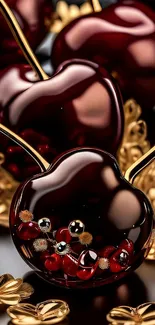 Glossy cherries with gold accents on a luxurious wallpaper design.