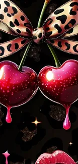 Cherry hearts with leopard bow on black background.