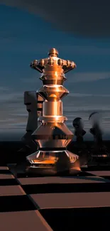 Elegant chess piece with dark blue sky and glowing highlights.