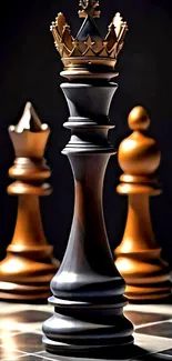 Elegant chess pieces with gold crown on board.