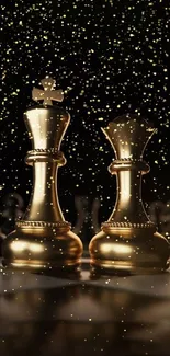 Gold chess pieces on board with dark background.