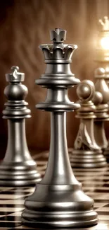 Metallic chess pieces on a board with elegant lighting.