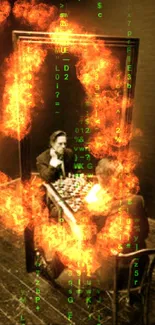 Man in suit playing chess with mirror reflection in sepia tone wallpaper.