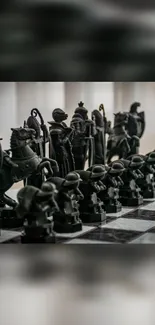 Close-up of classic chess pieces on board.