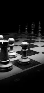 Black and white chessboard with pieces in a striking monochrome style.