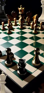 Elegant chessboard with contrasting pieces and lighting for mobile wallpaper.