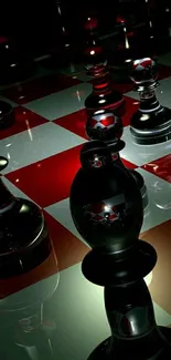 Reflective glass chess pieces on a red checkerboard background.