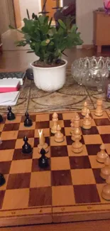 Chessboard and plant on stylish table.