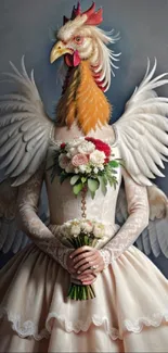 Elegant chicken-headed bride in artistic gown holding flowers.