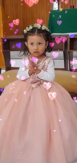 Girl in elegant pink dress with floral headpiece in a church setting.