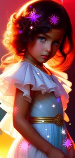 Elegant child in a vibrant, colorful light-filled scene.