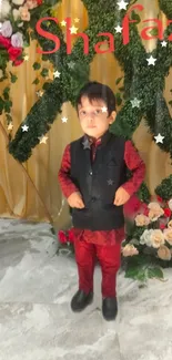 Mobile wallpaper of a young boy in stylish attire with floral background.