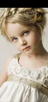 Elegant portrait of a blonde child in a white dress, set against a dark background.