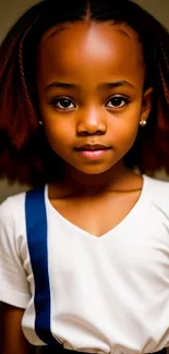 Portrait of a young girl in a white dress with a serene expression.