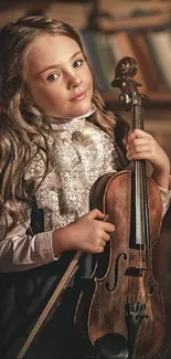 Young child holding a violin in a softly lit room with books in the background.