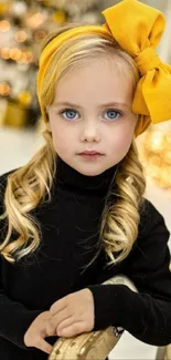 Child with yellow bow on elegant wallpaper.