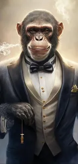 Chimpanzee in a tuxedo with a smoke effect, artistic mobile wallpaper.