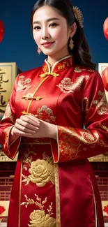 Woman in traditional Chinese attire with red and gold embroidery.