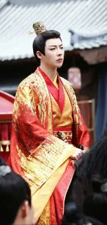 Chinese emperor in regal red attire on horseback with traditional crown.