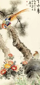 Elegant Chinese painting of birds and flowers in nature.