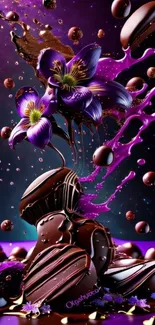 Chocolate infused with purple flowers splash in artistic wallpaper.