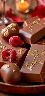 Elegant chocolate bars with raspberries and gold accents.