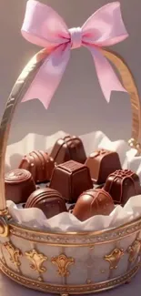 Elegant, decorative basket with gourmet chocolates and pink ribbon.