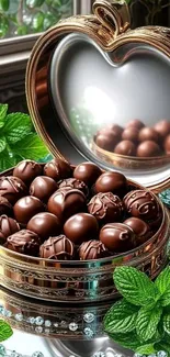 Heart-shaped box of chocolates with mint leaves.