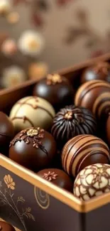 Elegant chocolate truffles in a decorative box.