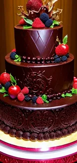 Three-tier chocolate cake with berries and decorative design.