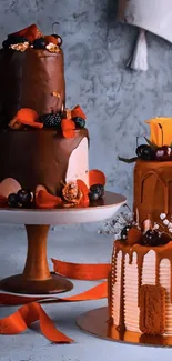 Elegant chocolate cakes with rich decorations.