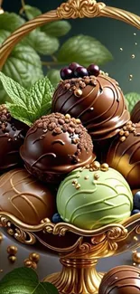 Chocolate truffles in a golden decorative basket with mint leaves and berries.