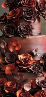 Three-tier chocolate cake adorned with roses.