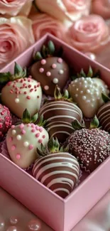 Box of elegant chocolate-covered strawberries with pink roses.
