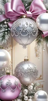 Elegant Christmas baubles with pearls and pink bows on a festive background.