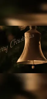 Elegant Christmas bell ornament with a dark festive background.