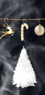 Elegant Christmas wallpaper with gold ornaments and a white tree on a black background.