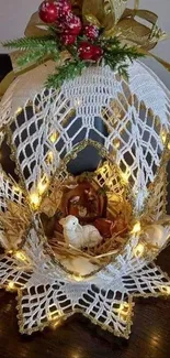 Elegant nativity scene with lights and crochet decor.