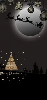 Christmas night wallpaper with Santa, moon, and golden ornaments.