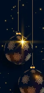 Elegant Christmas wallpaper with golden ornaments and midnight blue background.