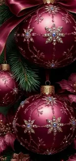 Elegant burgundy Christmas ornament wallpaper with floral details.