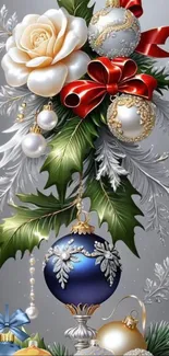 Elegant Christmas ornaments with red ribbons and silver foliage on phone wallpaper.