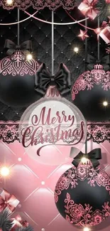 Elegant pink and black Christmas wallpaper with ornaments.