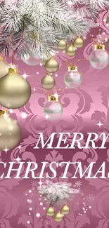 Elegant pink Christmas wallpaper with gold ornaments and festive greeting.