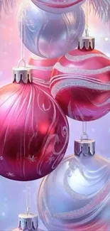 Elegant Christmas ornaments in red and silver hues.